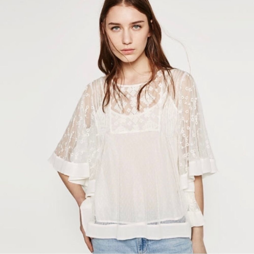 Zara Sheer Mesh Embroidered Floral Lace Batwing Cape Sleeves Layering Tank Tee S